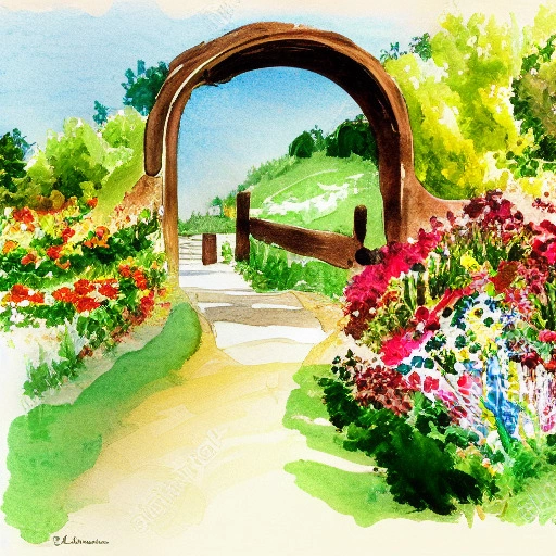 00693-1595103560-winding dirt path in a floral meadow leading to an arched spanish wooden gate watercolor.webp